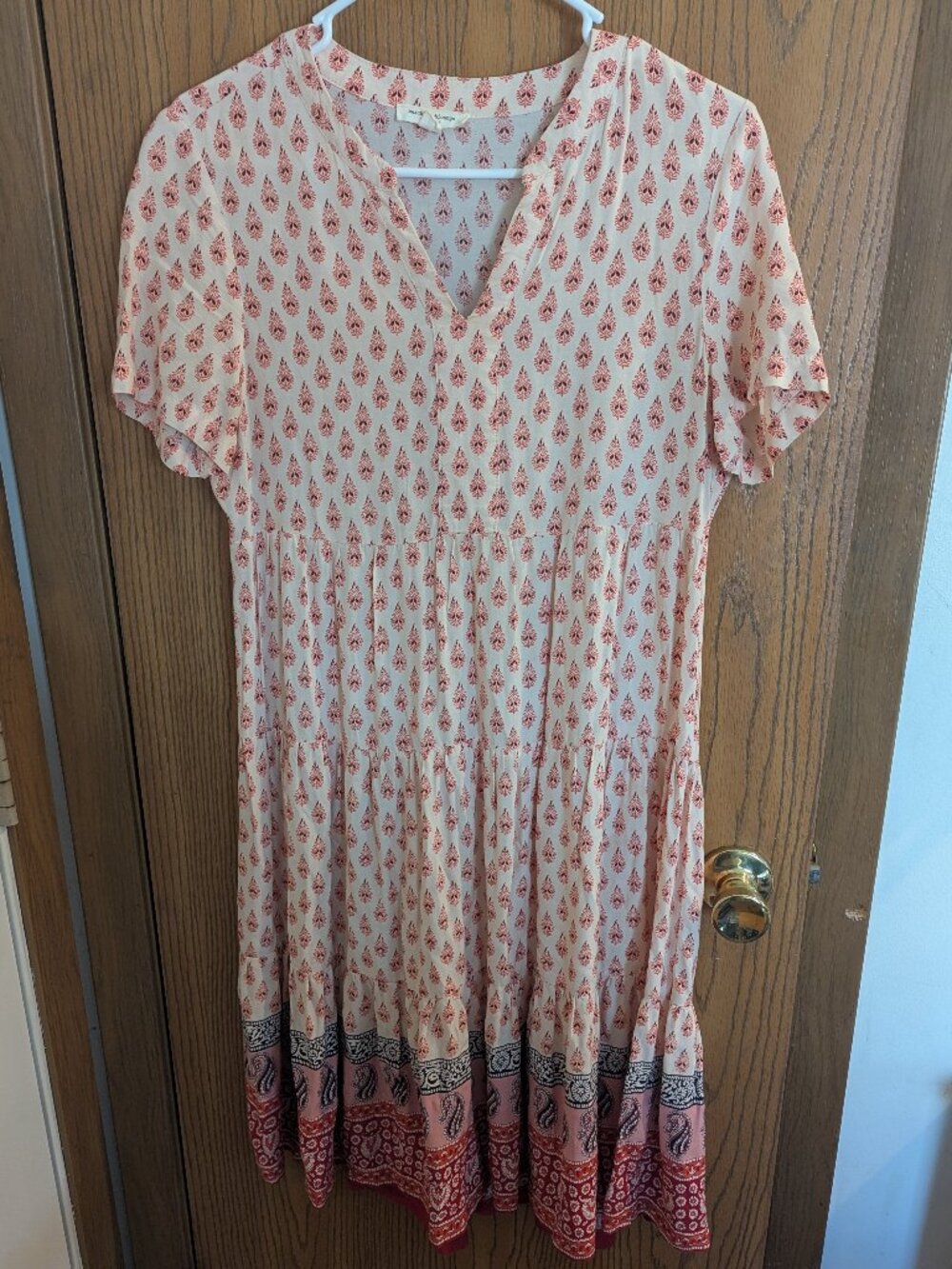 Beach Lunch Lounge Boho Tiered Shift Dress Short Sleeve Peach/Orange/Cream-XS